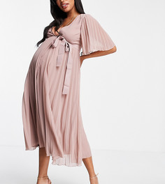 Эксклюзивное плиссированное платье миди с рукавами кимоно и поясом ASOS DESIGN Maternity-Розовый цвет