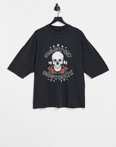 Черная oversized-футболка с эффектом кислотной стирки и принтом с черепом и розами ASOS DESIGN-Черный цвет