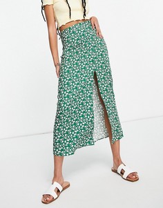 Зеленая юбка миди с цветочным принтом и разрезом от бедра ASOS DESIGN-Многоцветный