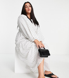 Белое платье макси с присборенным лифом и принтом в горошек ASOS DESIGN Curve-Multi