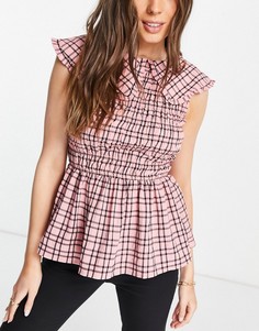 Розовый присборенный топ в клетку с воротником River Island-Розовый цвет