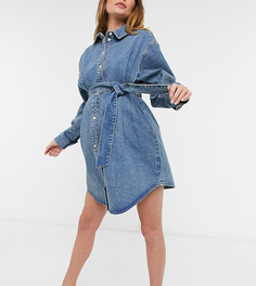 Синее выбеленное джинсовое платье-рубашка с поясом в стиле oversized из смесового органического хлопка ASOS DESIGN Maternity-Голубой