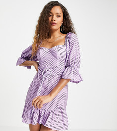 Сиреневое платье мини в черный горошек с рукавами-фонариками, чашечками, поясом и оборкой по нижнему краю ASOS DESIGN Petite-Multi