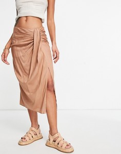 Светло-коричневая юбка миди с драпировкой ASOS DESIGN-Коричневый цвет