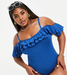 Темно-синий слитный купальник с ярусными оборками и открытыми плечами ASOS DESIGN Curve-Голубой