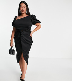 Платье миди асимметричного кроя черного цвета с узлом и пышными рукавами ASOS DESIGN Curve-Multi