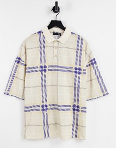 Бежевая футболка-поло в стиле oversized со сплошной клеткой ASOS DESIGN-Светло-бежевый цвет