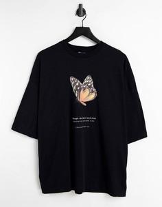 Черная oversized-футболка с принтом бабочки и надписью спереди ASOS DESIGN-Черный цвет