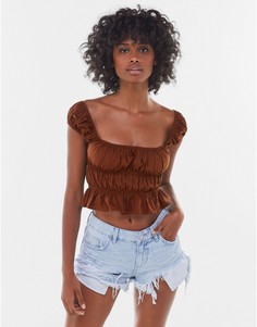 Присборенный свободный топ с оборкой по нижнему краю Bershka-Коричневый цвет