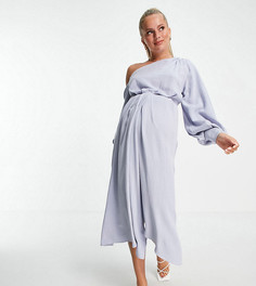 Платье миди на одно плечо из льна ASOS DESIGN Maternity-Голубой