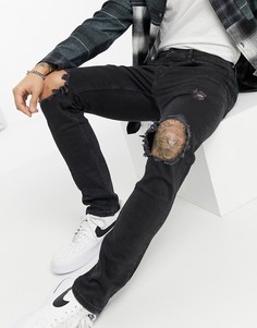 Выбеленные черные зауженные джинсы с экстремально рваной отделкой из смесового органического хлопка Topman-Черный цвет