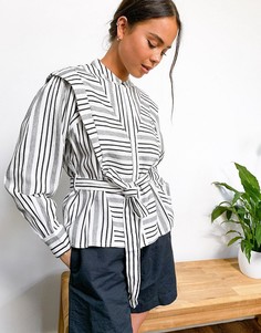Блузка с поясом в монохромную полоску Topshop-Черный цвет