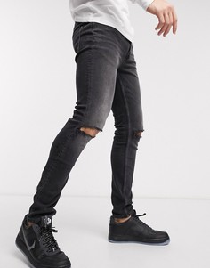 Черные выбеленные джинсы зауженного кроя, из органического хлопка, со рваной отделкой Topman-Черный