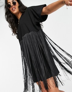 Черное платье-футболка мини с бахромой ASOS DESIGN-Черный цвет