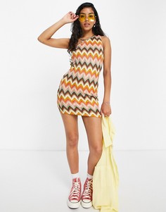 Платье мини на одно плечо с разноцветным принтом зигзагов из пряжи кроше ASOS DESIGN-Multi