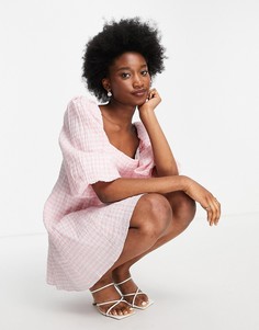 Нежно-розовое свободное платье мини в клетку со сборками и oversized-рукавами Forever New-Multi