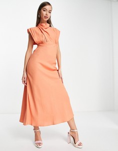 Коралловое льняное платье миди с высоким воротом ASOS DESIGN-Оранжевый цвет