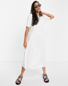 Белое ярусное платье-футболка миди ASOS DESIGN-Белый