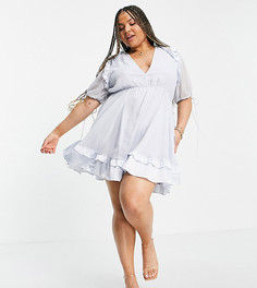 Голубое платье мини с атласной оборкой и завязками ASOS DESIGN Curve-Голубой