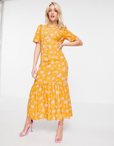 Оранжевое чайное платье миди с цветочным принтом и оборкой по нижнему краю ASOS DESIGN-Multi