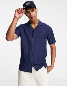 Темно-синяя рубашка из ткани с добавлением вискозы и льна с короткими рукавами, отложным воротником и логотипом Tommy Hilfiger-Темно-синий