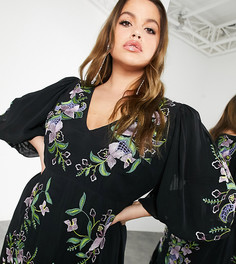 Ярусное платье макси черного цвета с цветочной вышивкой ASOS EDITION Curve-Черный цвет