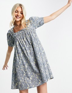 Свободное платье из хлопка поплин с пышными рукавами и мелким цветочным принтом QED London-Голубой