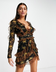 Ярусное платье мини с цветочным и леопардовым принтом, оборками и открытой спиной ASOS DESIGN-Multi
