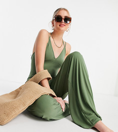 Облегающий пляжный комбинезон цвета хаки с широкими штанинами ASOS DESIGN Tall-Зеленый цвет