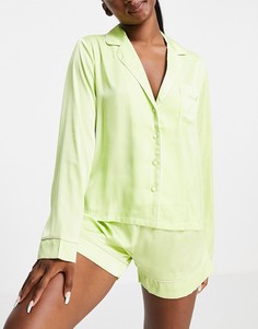 Атласный пижамный комплект цвета лайма из рубашки с длинными рукавами и кантом и шорт ASOS DESIGN-Разноцветный