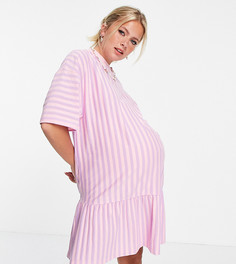 Платье-футболка в стиле oversized в розовую и сиреневую полоску с оборкой по нижнему краю ASOS DESIGN Maternity-Розовый цвет