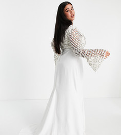 Белое платье с длинными рукавами и кружевной отделкой Virgos Lounge Curve Bridal-Белый