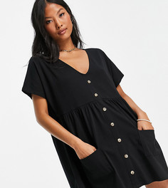 Черное платье мини на пуговицах с присборенной юбкой ASOS DESIGN Petite-Черный цвет