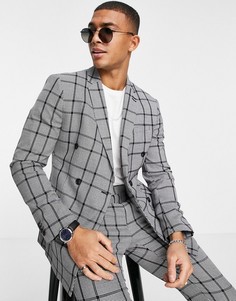 Серый зауженный двубортный пиджак в клетку Topman-Черный цвет