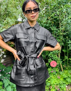 Черная рубашка из искусственной кожи с короткими рукавами Topshop-Черный цвет