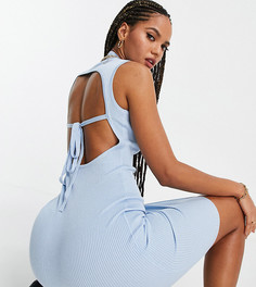 Голубое платье миди в рубчик с открытой спиной и высокой горловиной Missguided Petite-Голубой