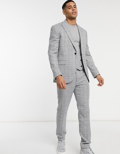 Зауженный однобортный пиджак серого цвета в клетку Topman-Серый