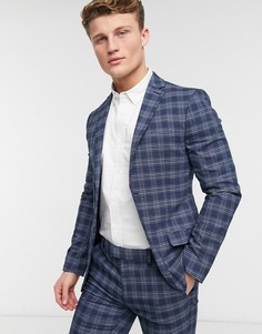 Синий зауженный однобортный пиджак в клетку Topman-Голубой