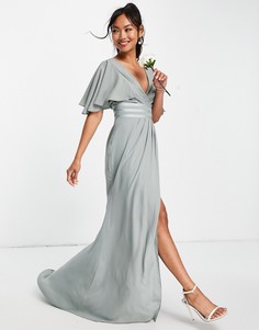 Платье макси с рукавами клеш, сатиновой отделкой и юбкой на запах ASOS DESIGN Bridesmaid-Зеленый цвет