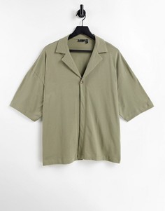 Oversized-поло из плотного материала цвета хаки с отложным воротником с рукавами до локтя ASOS DESIGN-Зеленый цвет