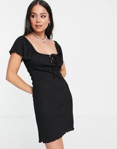 Черное приталенное платье миди в рубчик с расклешенной юбкой Topshop-Черный цвет