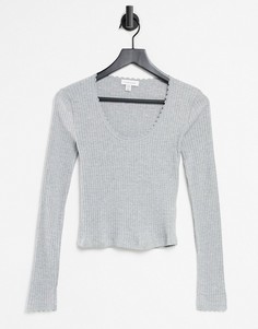 Серый меланжевый лонгслив в рубчик с ажурной отделкой Topshop
