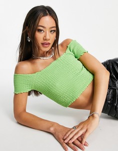 Укороченный присборенный топ зеленого цвета с открытыми плечами Topshop-Зеленый цвет