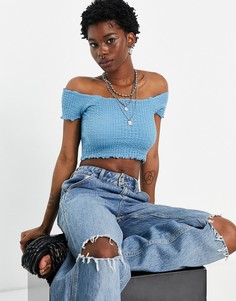 Голубой присборенный топ с открытыми плечами Topshop