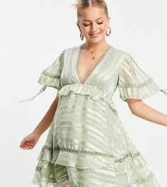 Шалфейно-зеленое платье мини с короткими рукавами, кружевной вставкой, поясом и атласными полосками ASOS DESIGN Maternity-Зеленый цвет