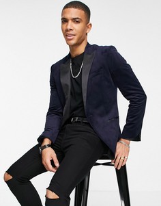 Темно-синий однобортный пиджак зауженного кроя из бархата Topman
