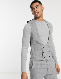 Серый двубортный жилет в клетку Topman