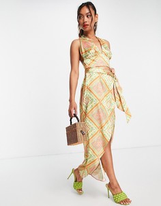 Атласная юбка с запахом, узлом и платочным принтом ASOS DESIGN-Multi