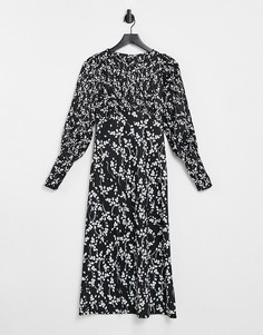 Черное платье миди с оборками и цветочным принтом River Island-Черный цвет