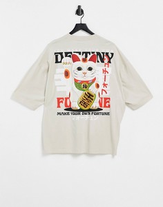 Бежевая oversized-футболка из органического хлопка с принтом кота удачи на спине ASOS DESIGN-Светло-бежевый цвет